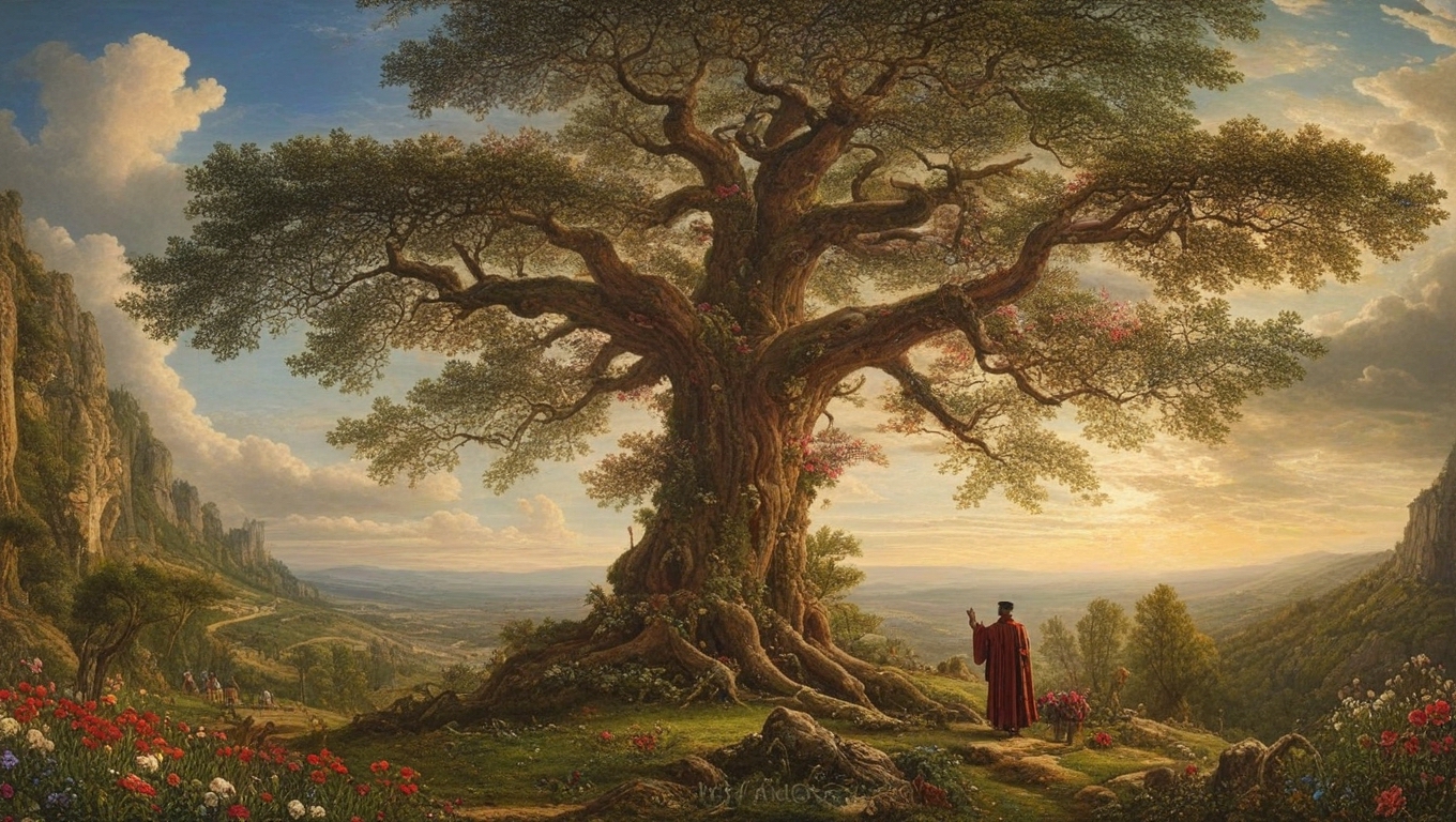 The ancient tree where Dante stands in red robes, contemplating the relationship between soul and God